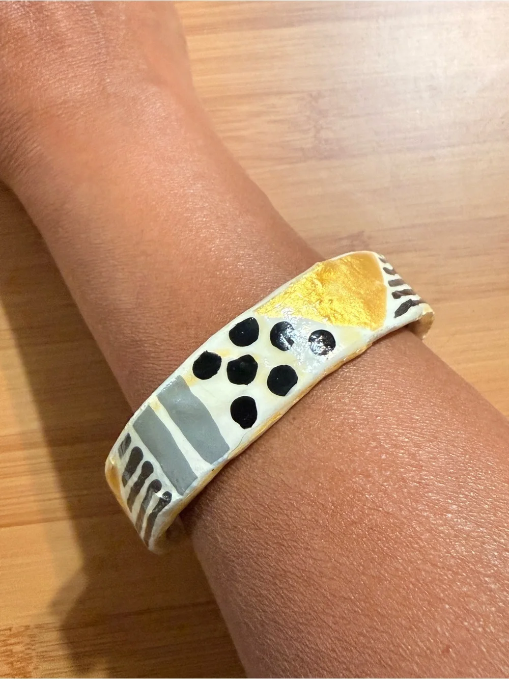 Hand-Painted White Leather Bracelet with Gold, Black & Gray Accents